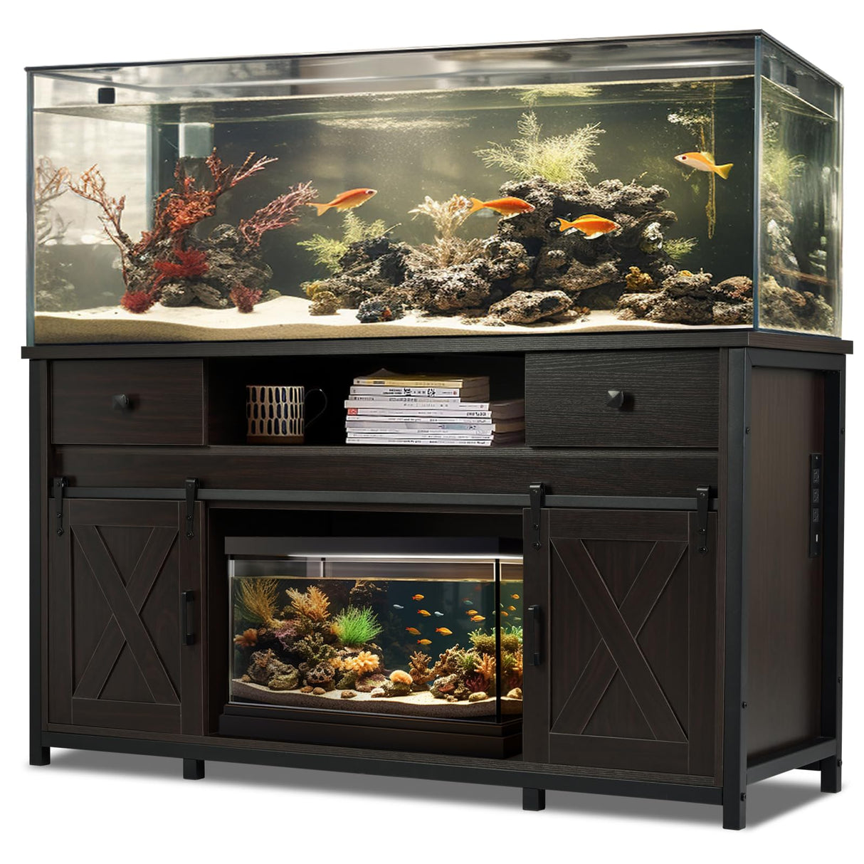 Fantico 75-120 Gallon Aquarium Stand with Power Outlets - Dual Aquarium Support, Cabinet Storage, Thick Hardwood Top, Versatile Socket with Adjustable Panels, 1200 lbs Capacity, Dark Brown Fantico