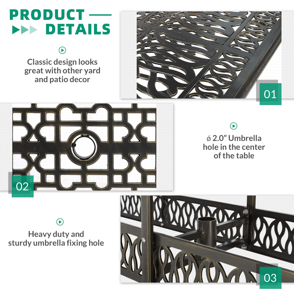 VIVIJASON 94.5" Patio Dining Table for 8-10 People, Large Rectangle Cast Aluminum Dining Table with 2" Umbrella Hole, Weather-Resistant Patio Dining Table for Deck Garden Backyards, Dark Bronze VIVIJASON