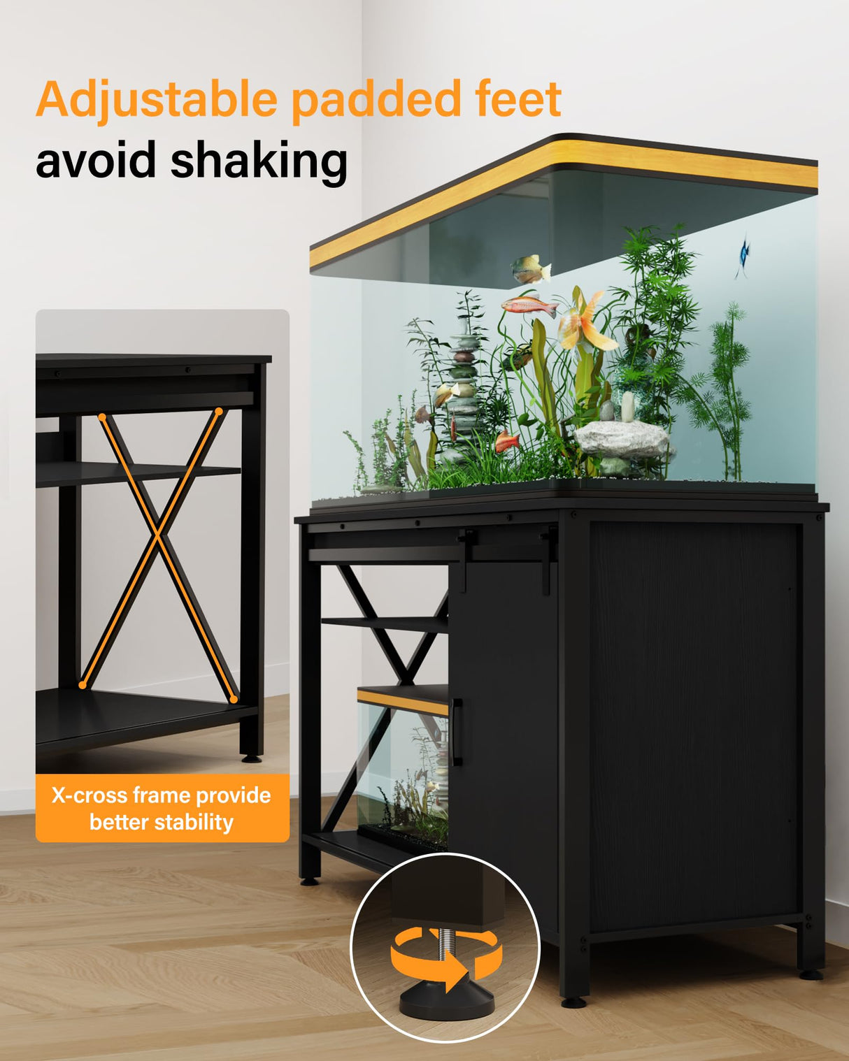 Aquarium Stand for 40-75 Gallon Fish Tank: Tank Stand Table with Power Outlet for Aquarium kit - Metal Fish Stand Cabinet with Storage for 40-75 Gallon Reptile Turtle Terrarium (Black, 40-50 Gallon) FILKO