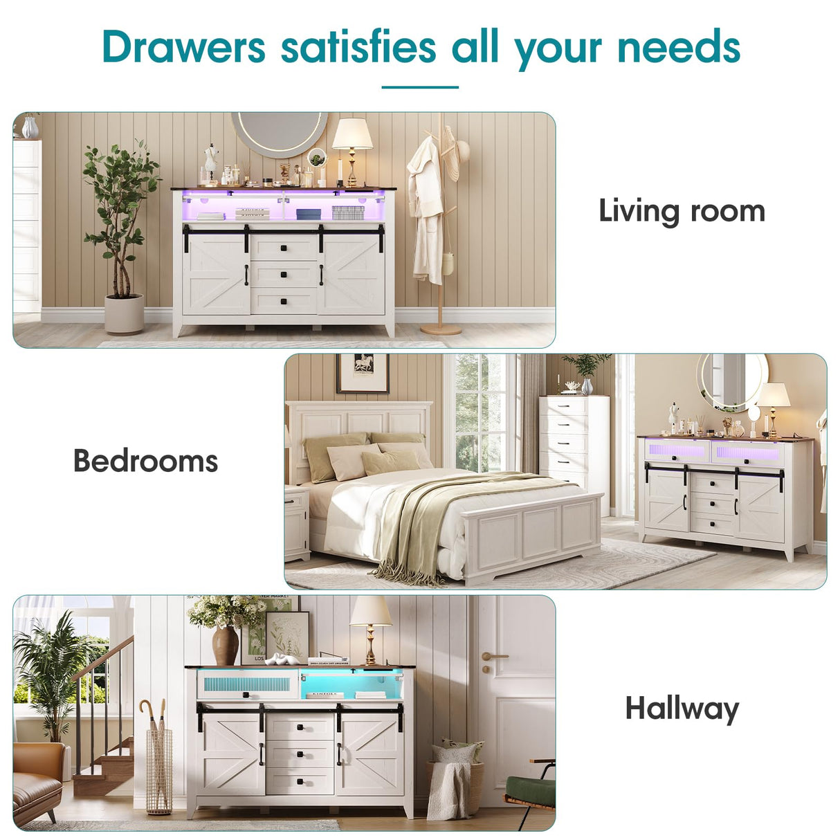 Maupvit TV Stand with Flap&Sliding Doors 47.24" W Television Table Stands with 3 Drawers,LED Lights and Charging Station,Wooden Dresser for Living Room,Hallway,Closet,Entryway,Bedroom,White Maupvit