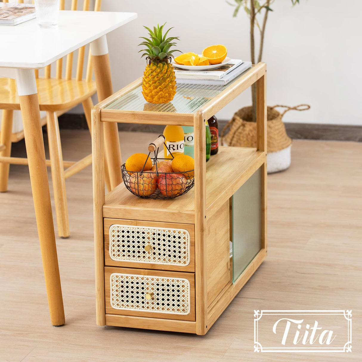 Tiita Rattan Nightstand Side Table, Bamboo Accent Bedside Tables, Glass Coffee Tables, Boho Wooden End Table with Storage for Small Space, Living Room and Bedroom Tiita