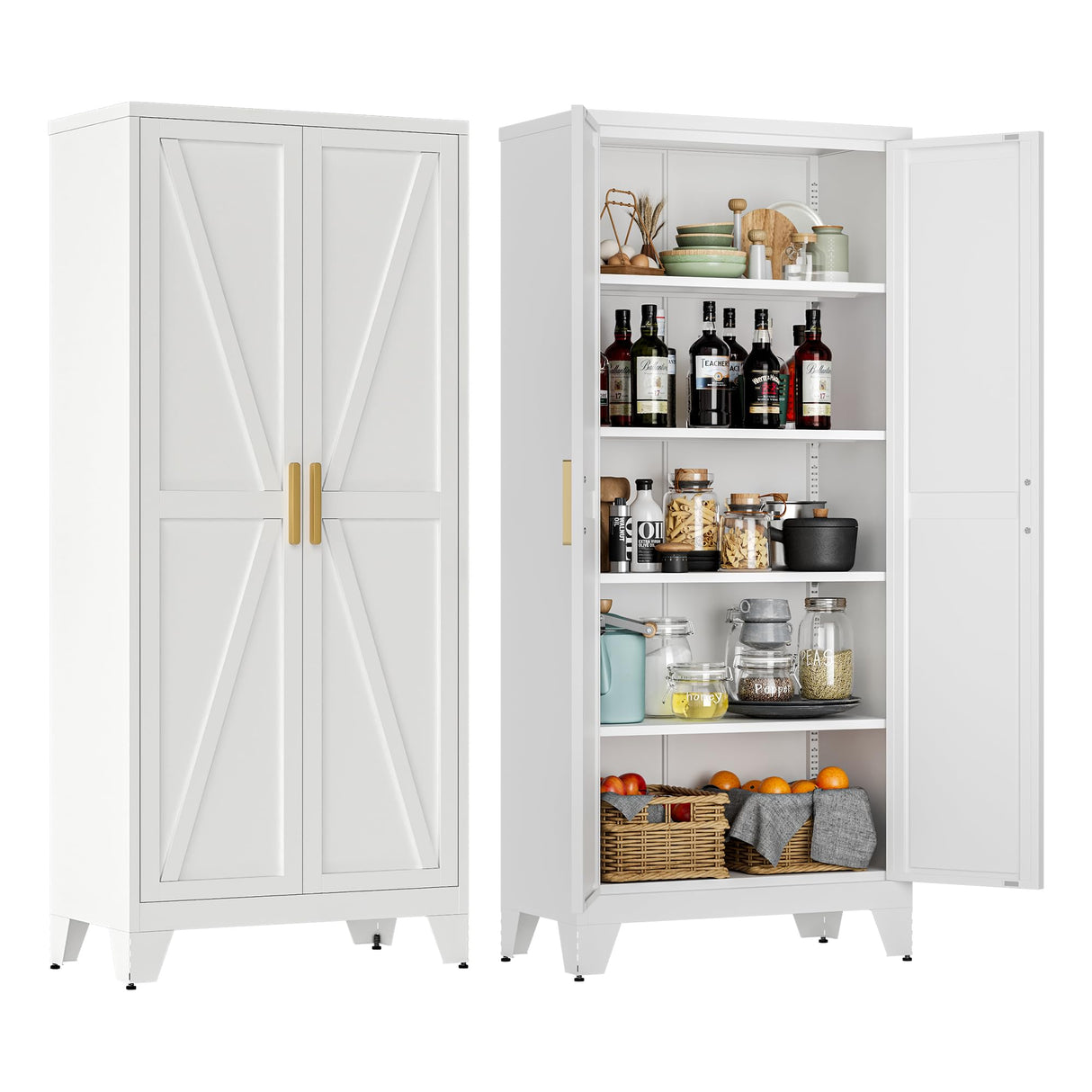 LCAOPC 71" Tall Metal Storage Cabinet with 2 Doors and 4 Adjustable Shelves, 5-Tier Kitchen Pantry Storage Cabinet for Kitchen, Living Room, Dining Room and Office, White LCAOPC