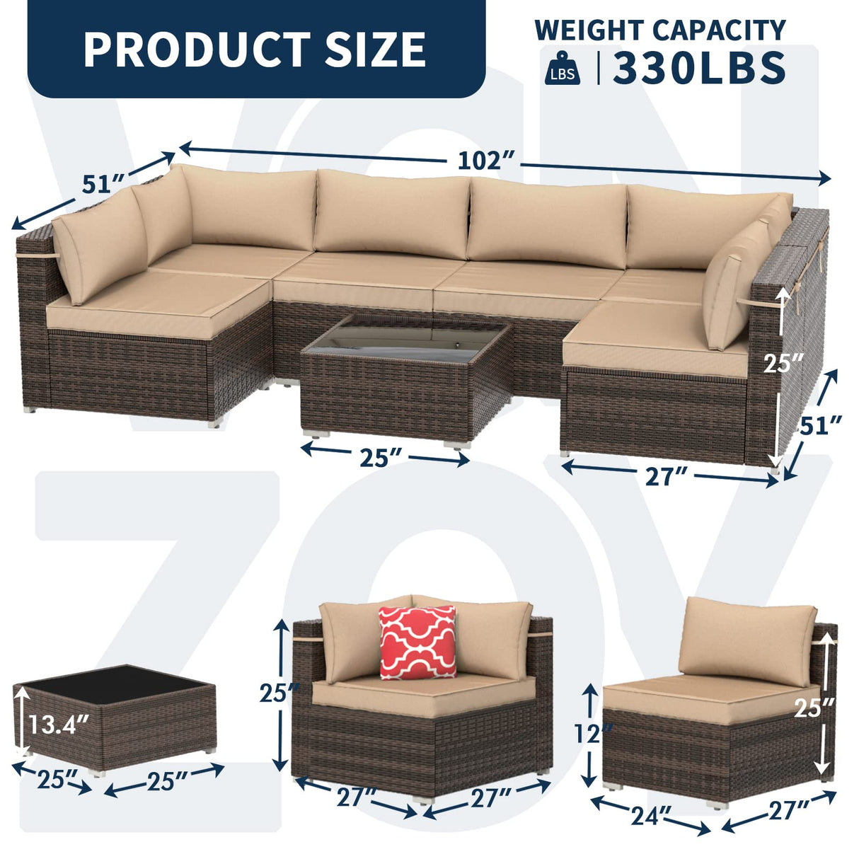 VONZOY Outdoor Patio Furniture Set 7 Pieces Sectional Rattan Sofa Set, PE Rattan Wicker Patio Conversation Set with 6 Seat Cushions and 1 Tempered Glass Table and Furniture Cover, Brown VONZOY