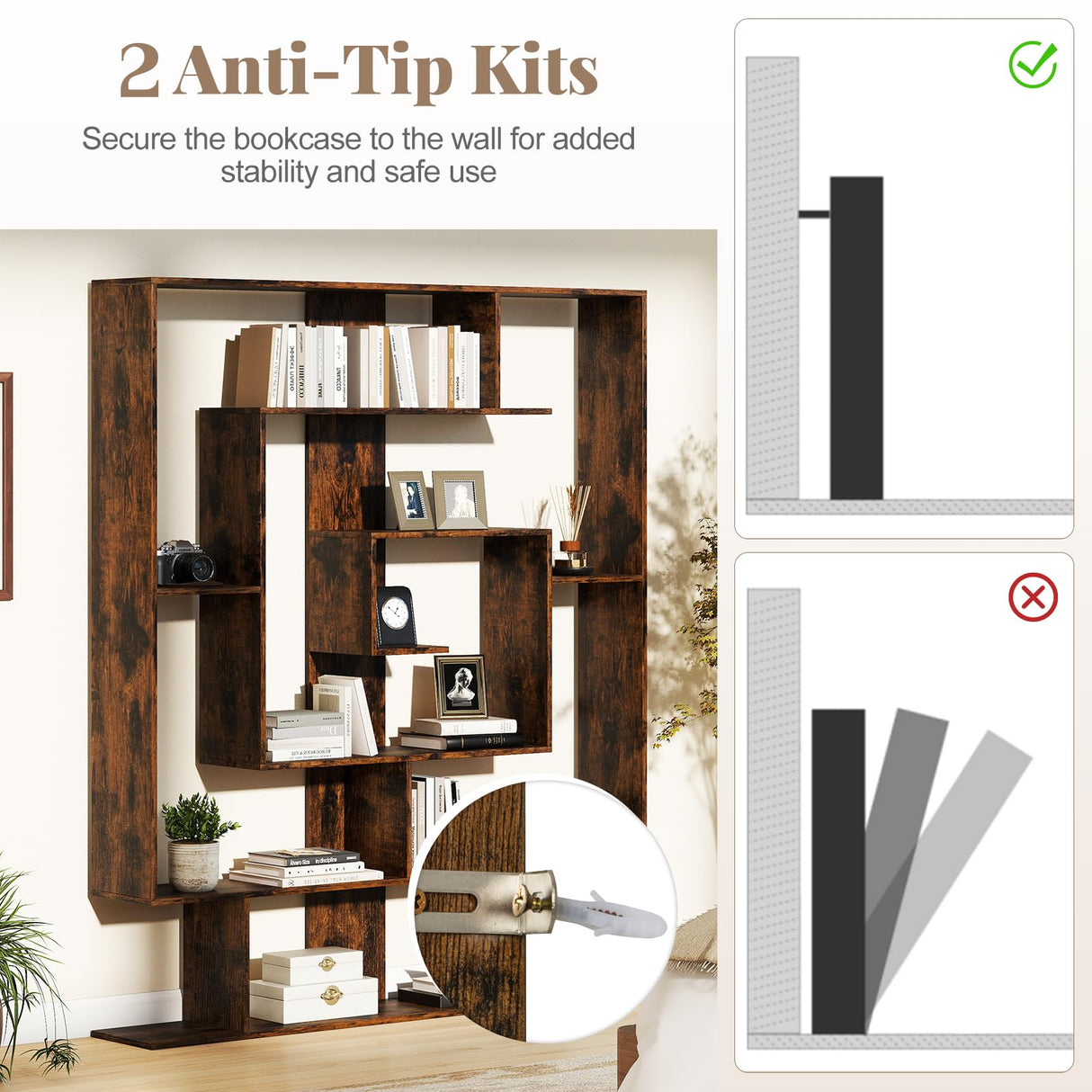 Tangkula Irregular Wooden Bookshelf, Geometric Bookcase w/Open Compartments & 2 Anti-Tip Kits, Decorative Freestanding Display Shelf, Modern Storage Organizer for Living Room, Office (Rustic Brown) Tangkula