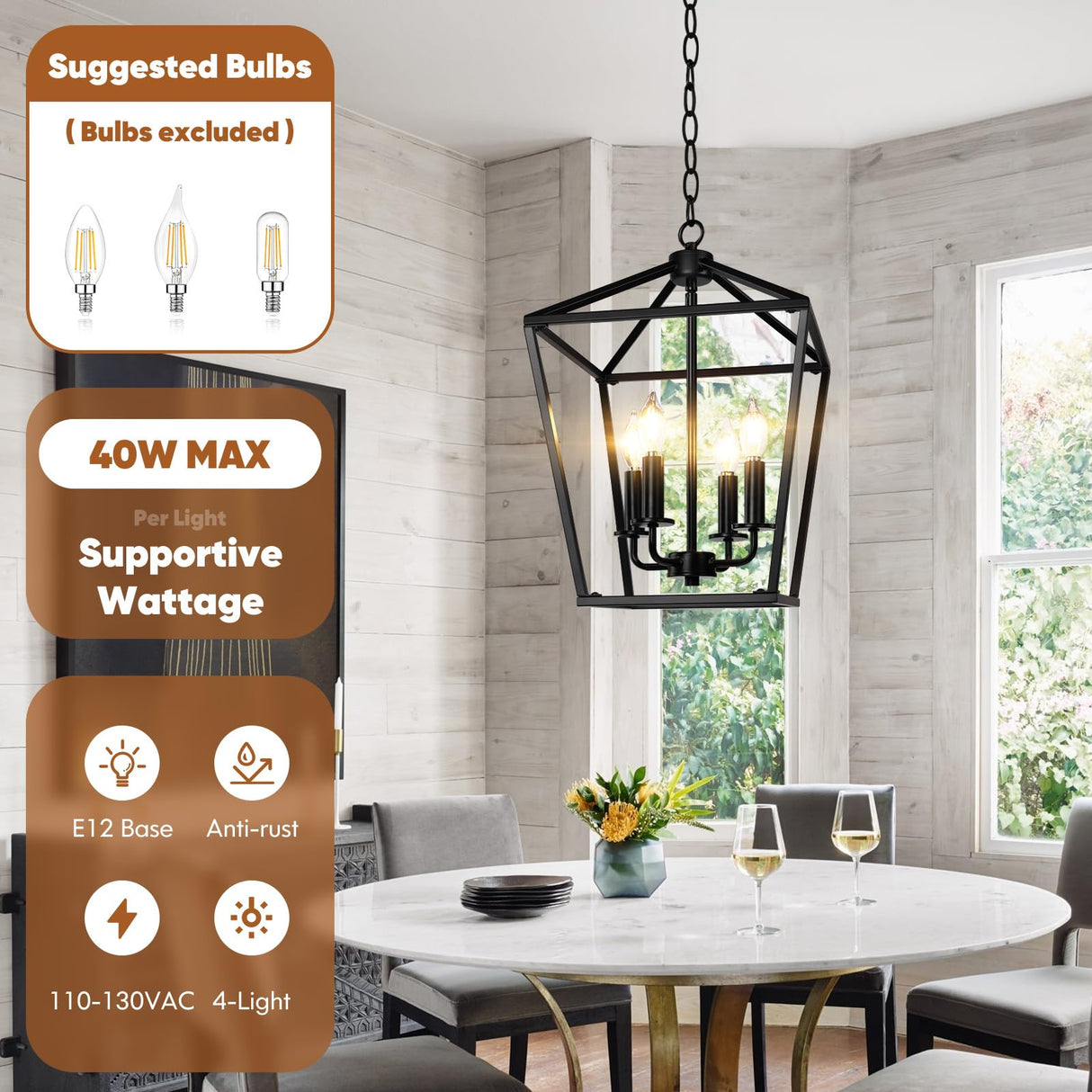 BrightHome Farmhouse Chandelier 4-Light, Black Pendant Light Fixture for Kitchen Island Dining Room, Lantern Industrial Lighting Ceiling Hanging with Metal Cage Adjustable Height for Entryway Foyer BrightHome