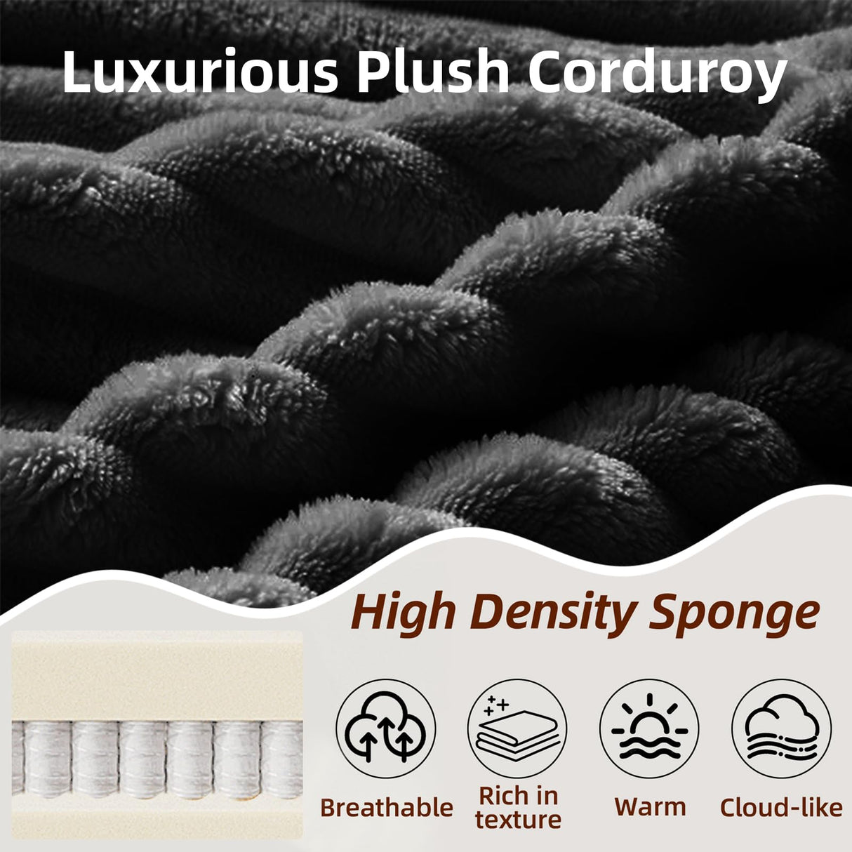 134 Inch Cloud Sectional Couch for Living Room,Corduroy Boneless Couches with L-Shape Chaise,Modern Modular Sectional Sofa with Deep Seat,No Assembly Required (Black, U-Shaped Sofa) ZKJOLMN