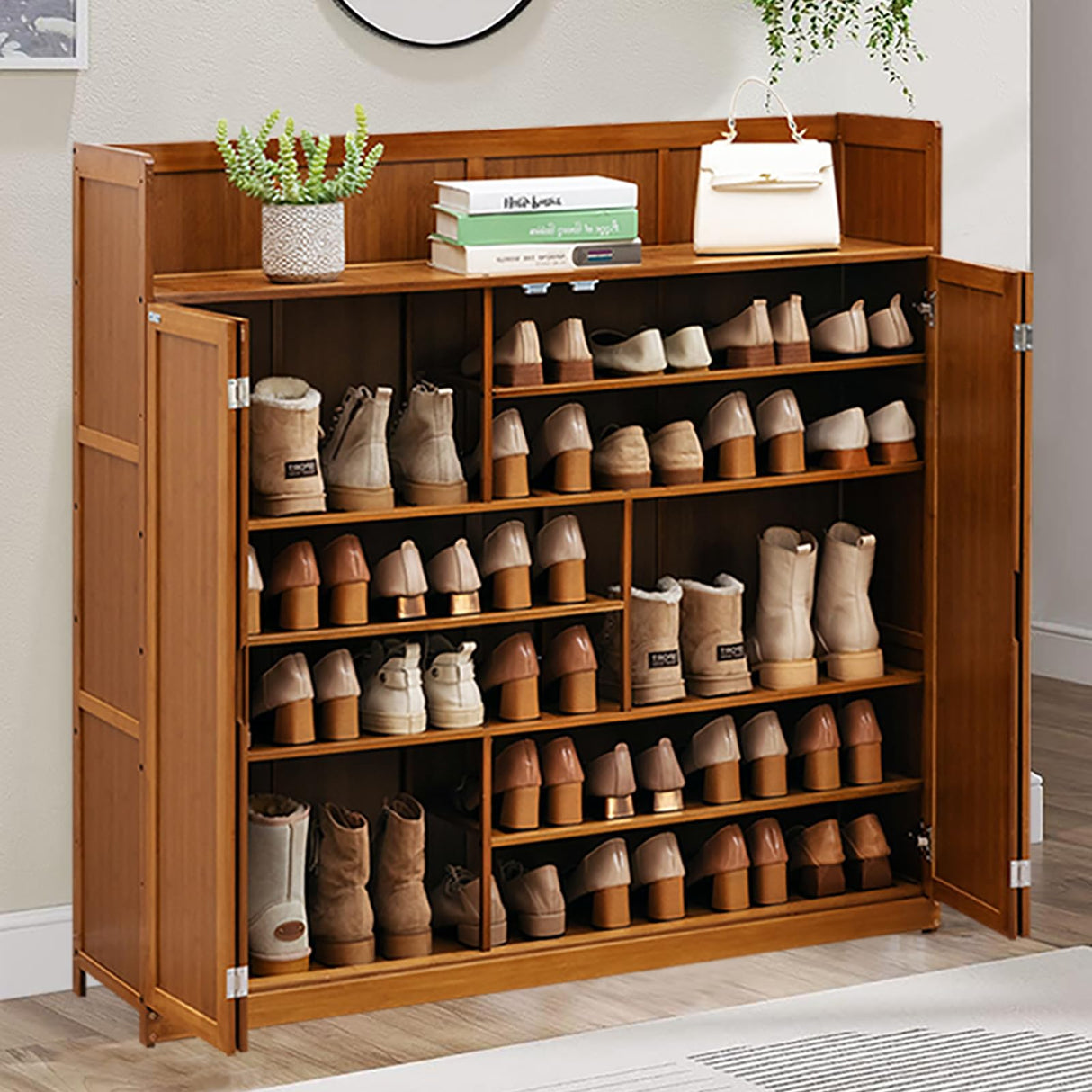 walkclpck Bamboo Shoe Cabinet with 2 Folding Doors, 7 Tier Freestanding Shoe Storage Cabinet, 36-40 Pairs Entrance Shoe Rack, Brown, 46" L x 13" W x 45.3" H walkclpck