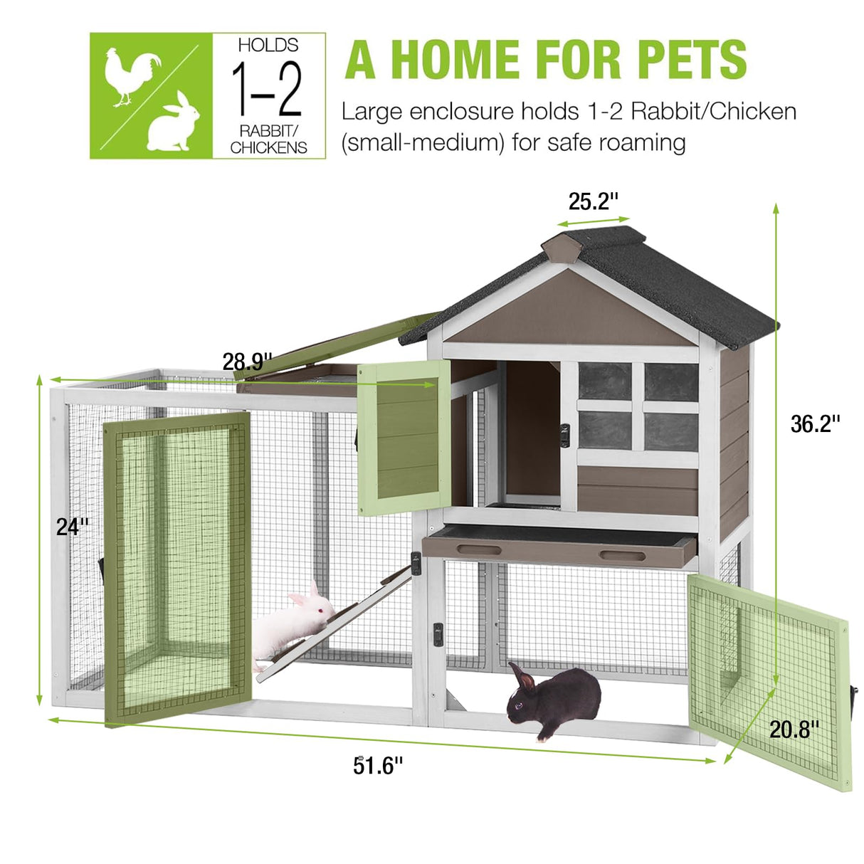 GUTINNEEN Rabbit Hutch Chicken Coop Expandable Indoor Bunny Cage Outdoor Guinea Pig Cage with Run 51.6" L GUTINNEEN