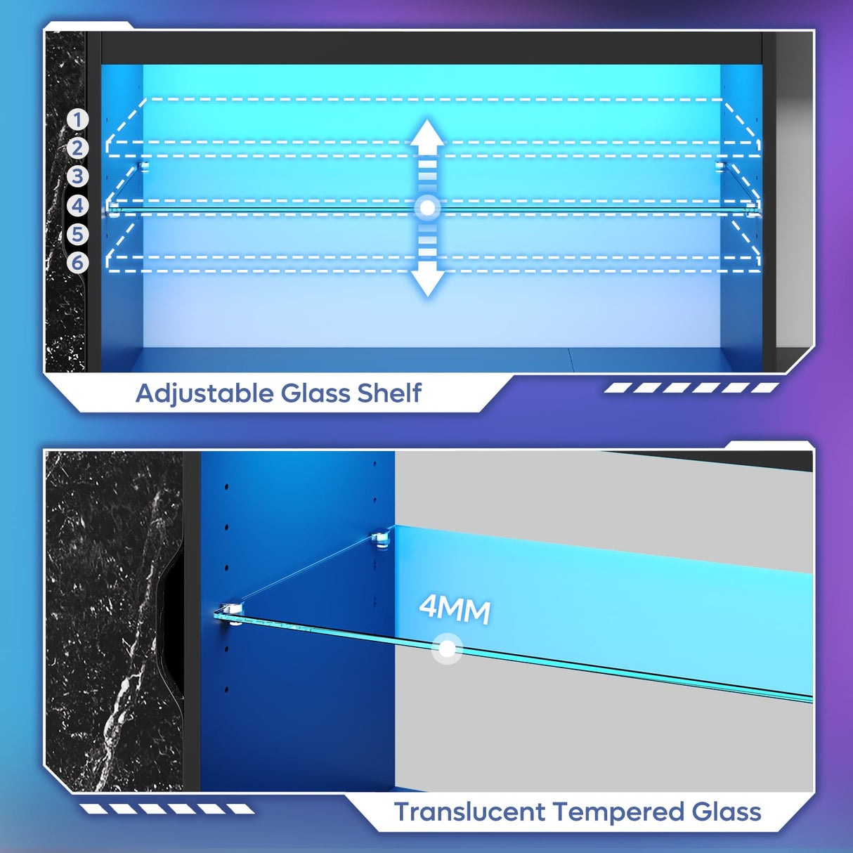 Bestier TV Stand for 65/70/75/80 inch TV, 70 inch LED Entertainment Center with Storage for PS5 Xbox, Modern TV Console Table for Living Room Bedroom, Adjustable Glass Shelf, Black Marble Bestier