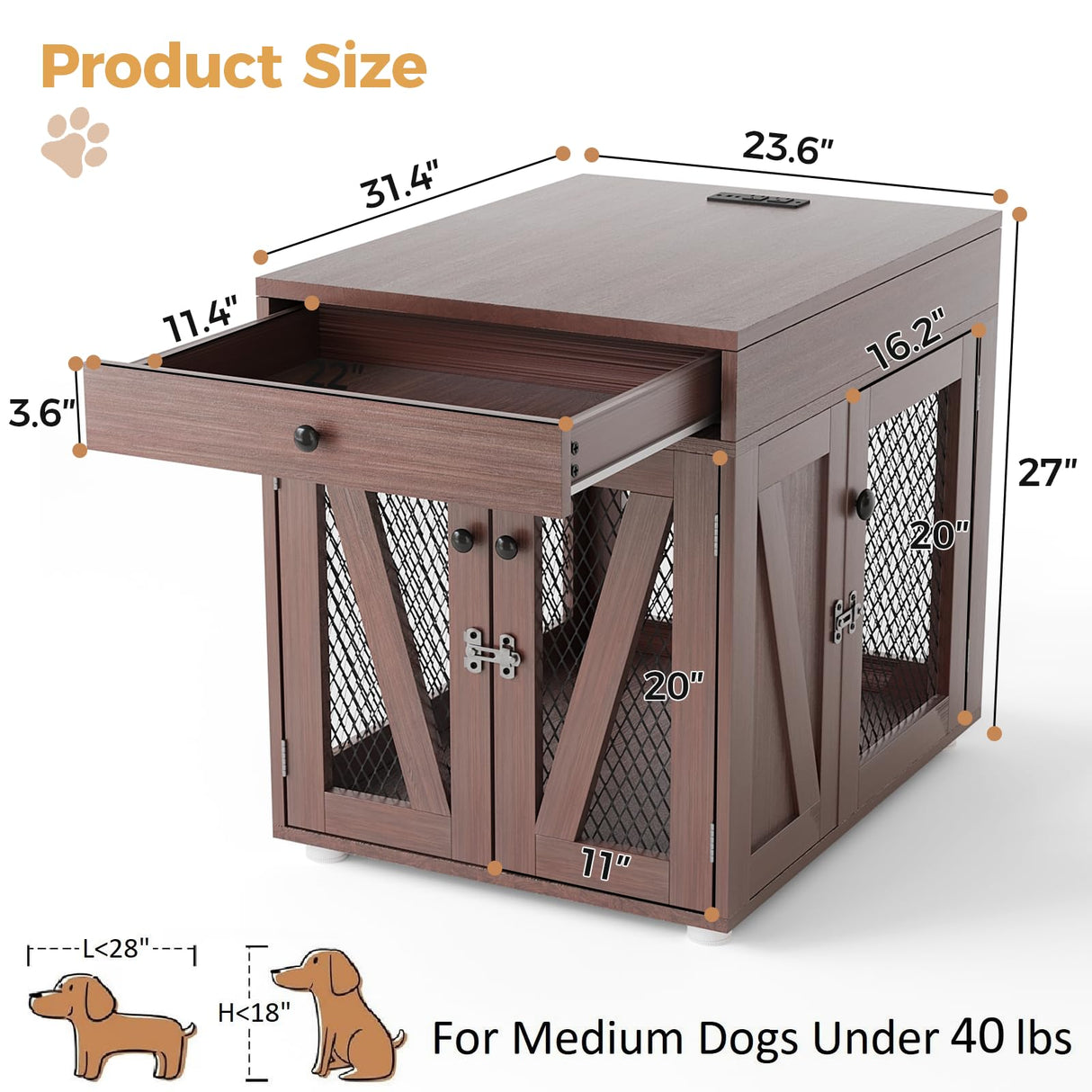 VOWNER Dog Crate Furniture, Wooden Dog Kennel End Table with USB Charging Station, Storage Drawer, Double Latched Door, Furniture-Style Crate Side Table for Medium Dogs Under 40 lbs Indoor, Oak Brown VOWNER