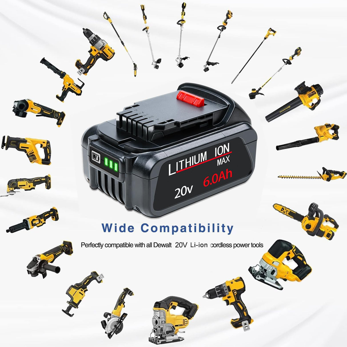 DTK 6.0Ah Battery Replacement for Dewalt 20V Battery DCB200 DCB203 DCB204 DCB206 Lithium Batteries 2 Packs DTK