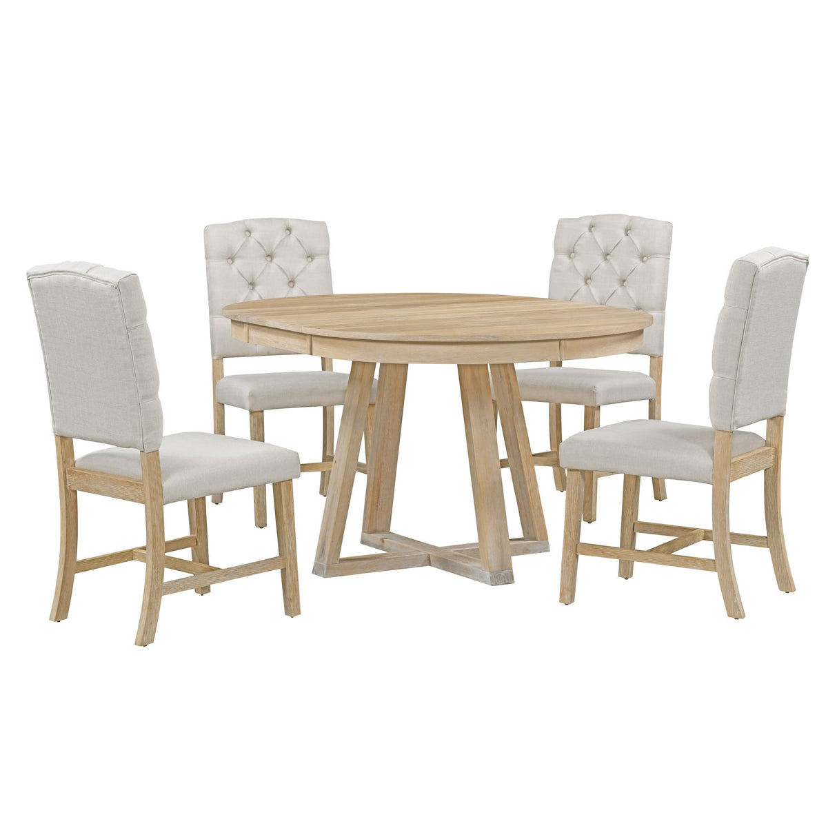 Merax 5 Piece Round Dining Table Set with Extendable Table and 4 Upholstered Chairs, Wood Kitchen Dining Table Chair Set for Dining Room, Living Room, Functional Furniture Retro Style (Natural) Merax