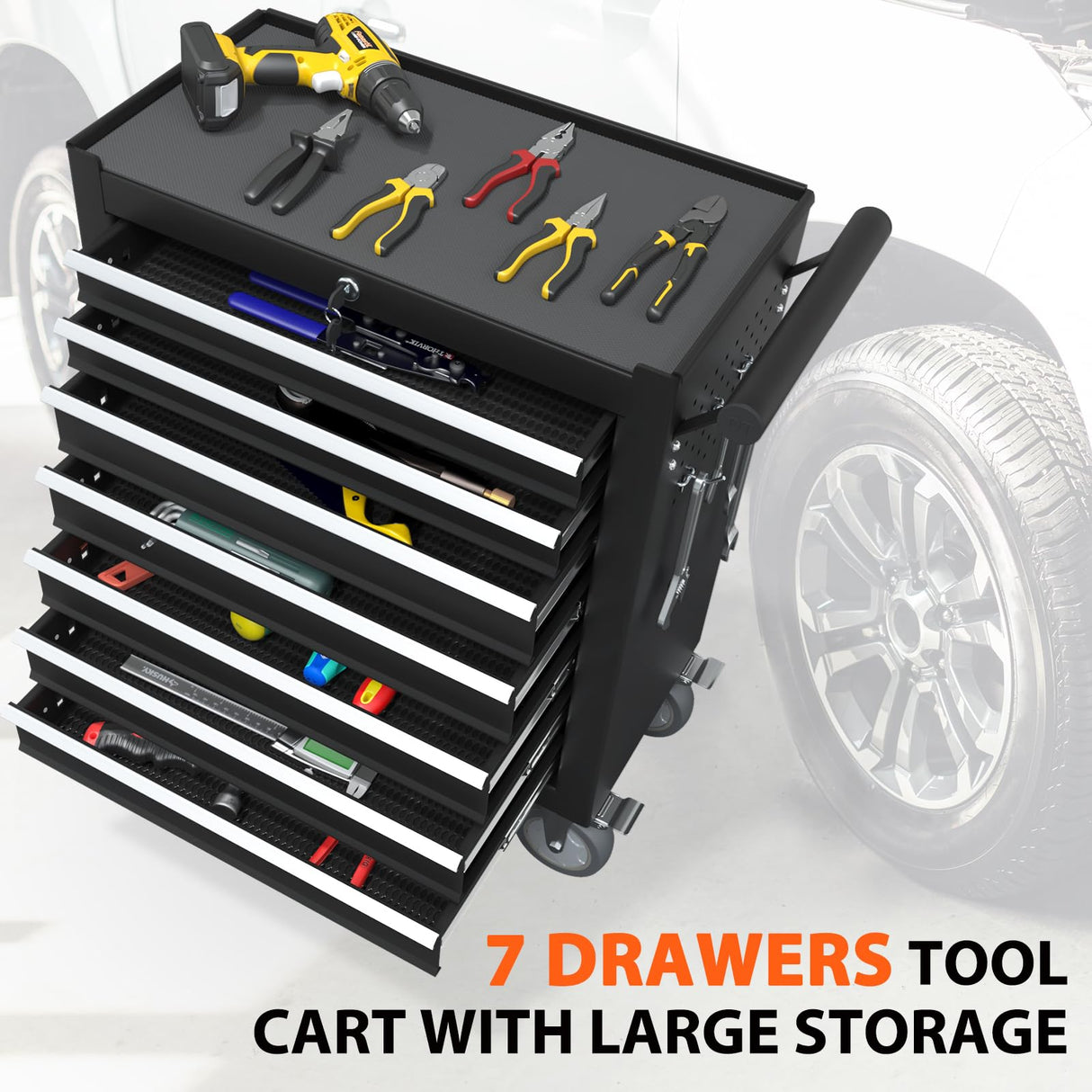DYneeds 7-Drawer Rolling Tool Chest, Tool Box with Wheels and Drawers, High Capacity Detachable Mobile Tool Storage Cabinet for Workshop, Garage, Mechanics and Repair Room (Black) DYneeds