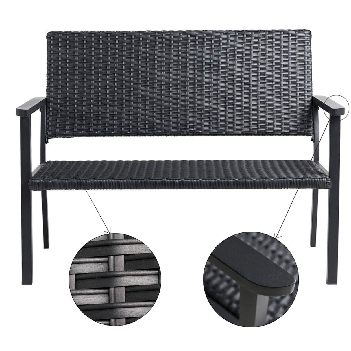 C-Hopetree Outdoor Loveseat Bench Chair for Outside Patio Porch, Metal Frame, Black All Weather Wicker C-Hopetree