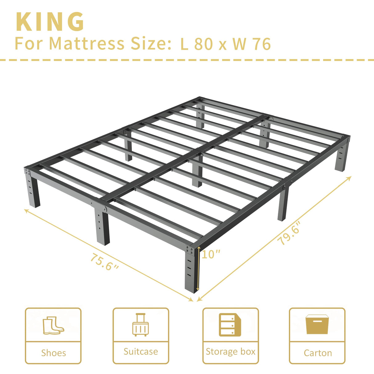 ALDRICH 10 Inch Metal King Size Bed Frame - Double Black Basic Steel Slats Platform, Easy Assembly Heavy Duty Noise Free Bedframes, No Box Spring Needed ALDRICH
