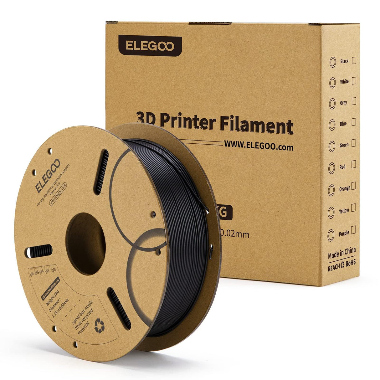 ELEGOO PLA Filament 1.75mm Black 1KG, 3D Printer Filament Dimensional Accuracy +/- 0.02mm, 1kg Cardboard Spool(2.2lbs) 3D Printing Filament Fits for Most FDM 3D Printers ELEGOO