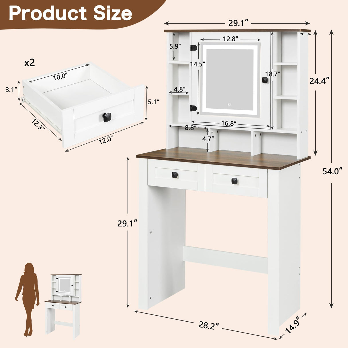 SANYOAC Farmhouse Vanity Desk with Mirror and Lights, Makeup Vanity Desk for Women Girls SANYOAC