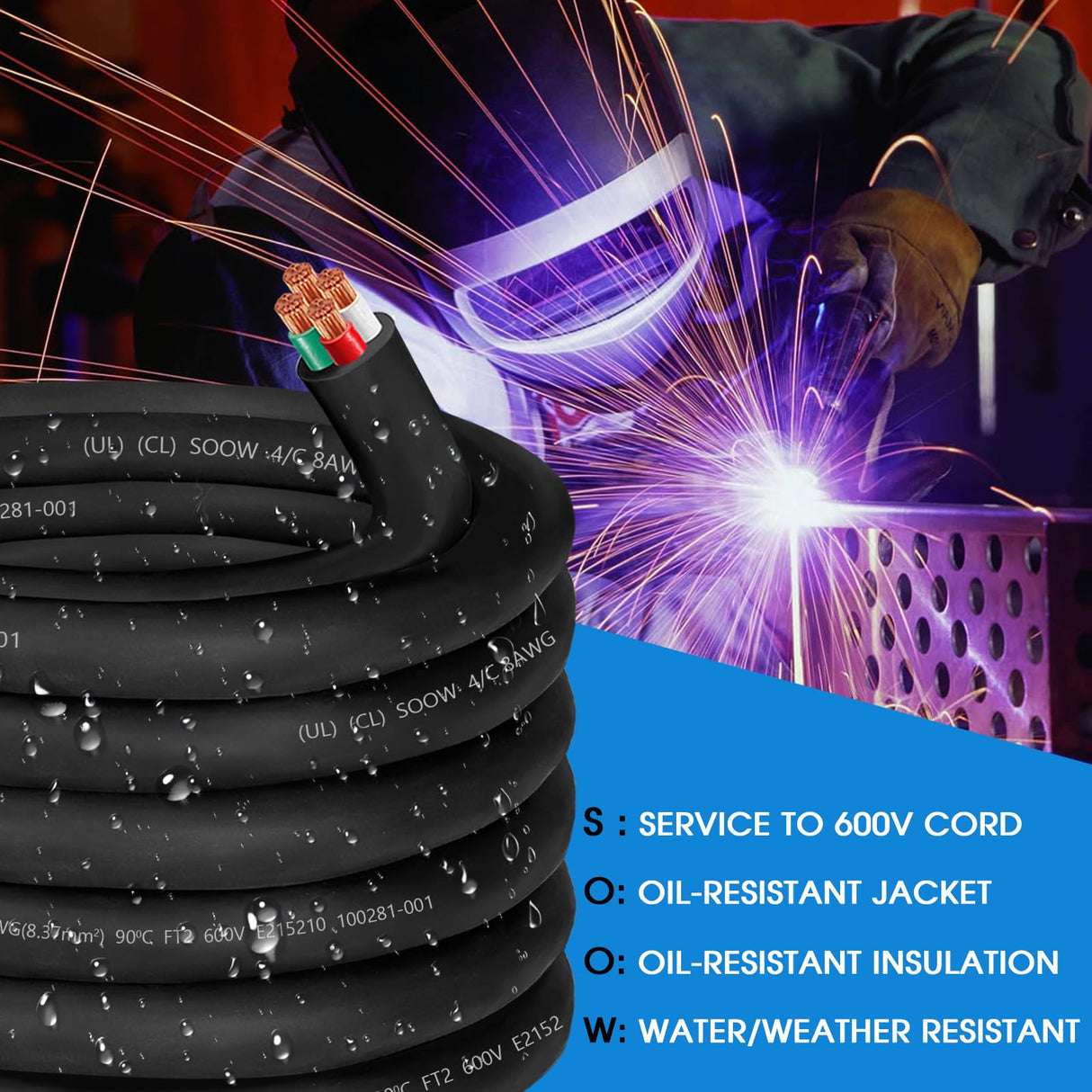8/4 8 AWG Portable Power Cable 600V 8 Gauge SOOW Electric Wire 4 Conductor OFC 8 AWG SOOW Extension Cord Cable Wire for NEMA 14-35 Generator,Welder,RV Outlet Box,EV Battery Charger,Machinery-25ft CLLOMAGY