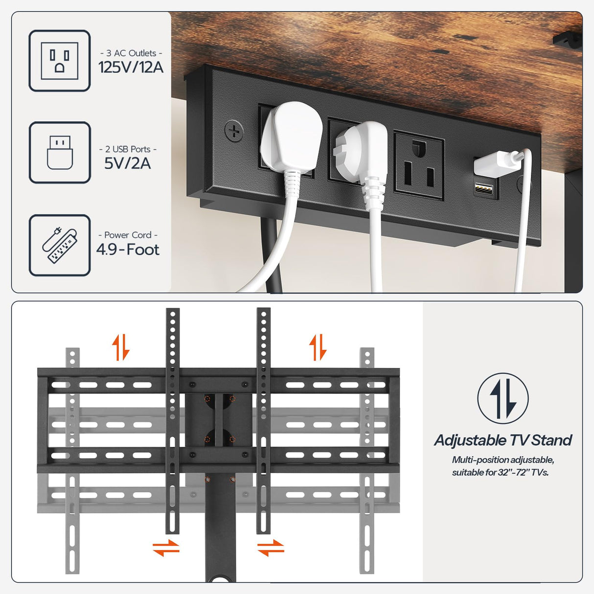 HOOBRO TV Stand with Mount and Power Outlet, LED Entertainment Center with Swivel Mount for 32/45/55/60/65/70/75 inch TVs, 3-Tier Storage Shelf for Living Room, Bedroom, Rustic Brown BF46UDDS01 HOOBRO