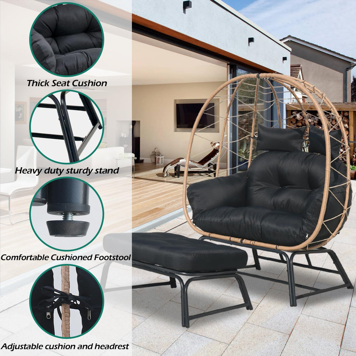 Nevsokio Double Wicker Outdoor Egg Chair,Lounge Chair with Ottoman,Oversized Patio Chair with Footrests,Cushions, Outdoor Indoor Rattan Chair (Rope, Black) Nevsokio