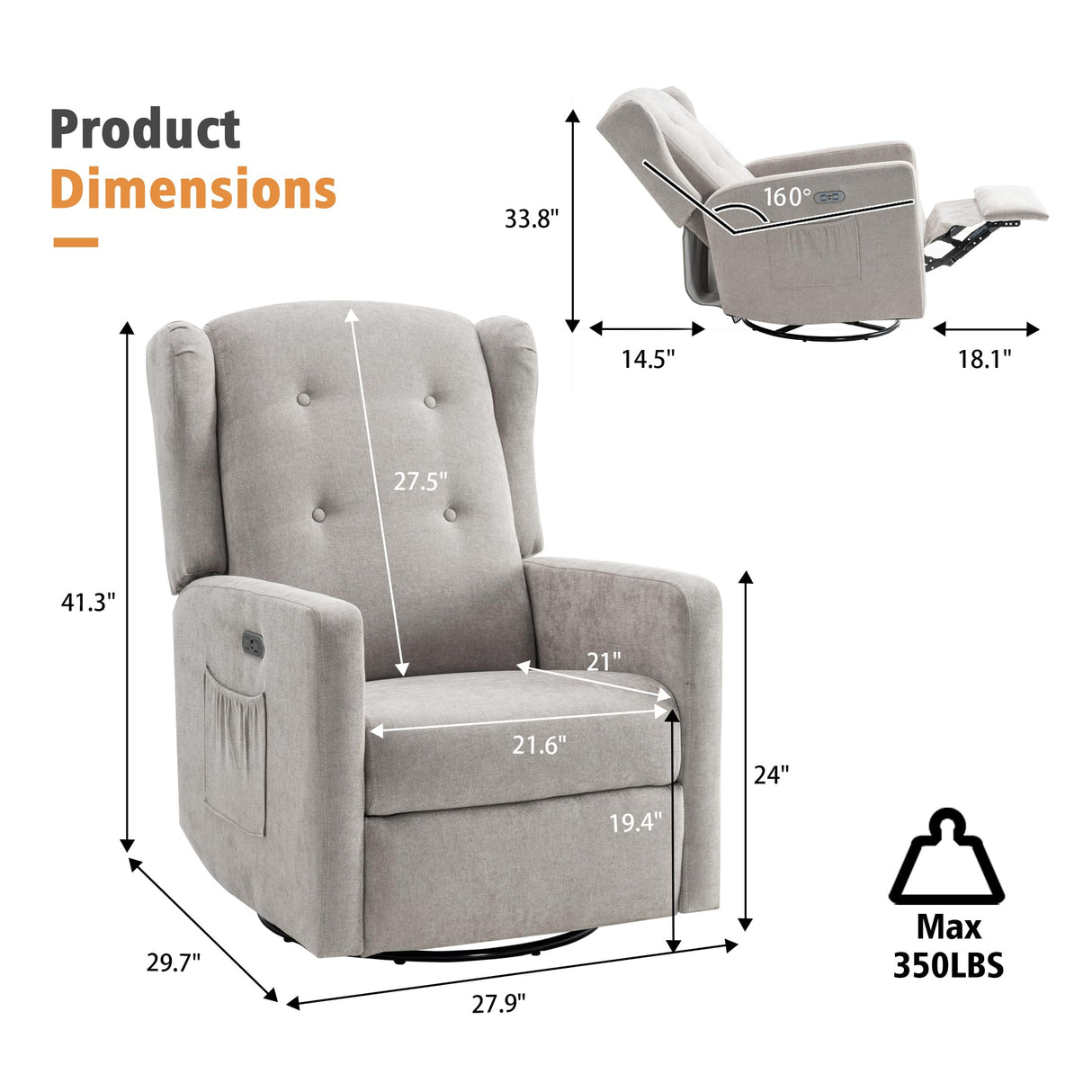 Ketaiyou Power Swivel Rocking Recliner Chair, High Back Electric Rocker Nursery Glider Chair, USB and Type-C Ports, Upholstered Fabric Reclining Single Sofa Chair for Living Room (Grey) Ketaiyou