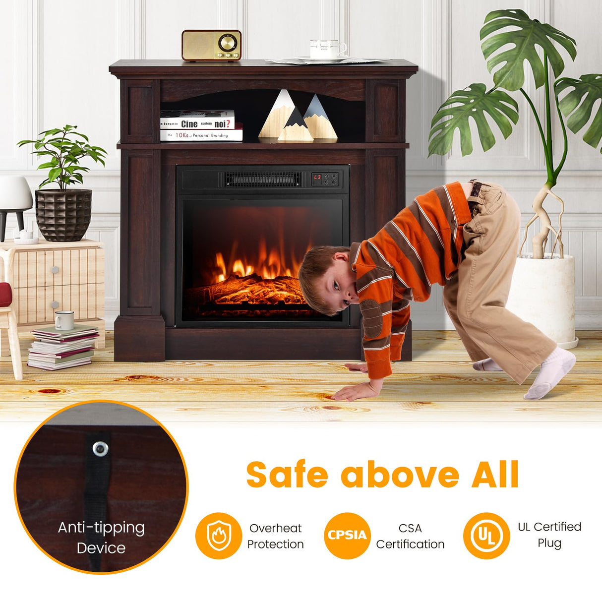 Tangkula 32" Electric Fireplace with Mantel, 1400W Freestanding Heater with Remote Control & Adjustable Brightness, Multifunctional Mantel Fireplace with Storage Shelf for Living Room (Brown) Tangkula