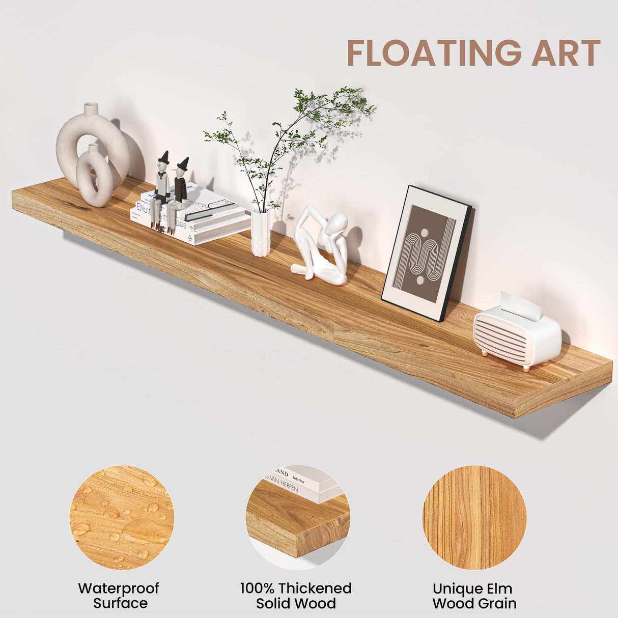 Fun Memories 55 Inch Floating Wood Shelves, 9.3" Deep Solid Elm Fireplace Mantel Shelf, Rustic Wall-Mounted Display Shelves with Invisible Heavy-Duty Metal Bracket, Natural Fun Memories