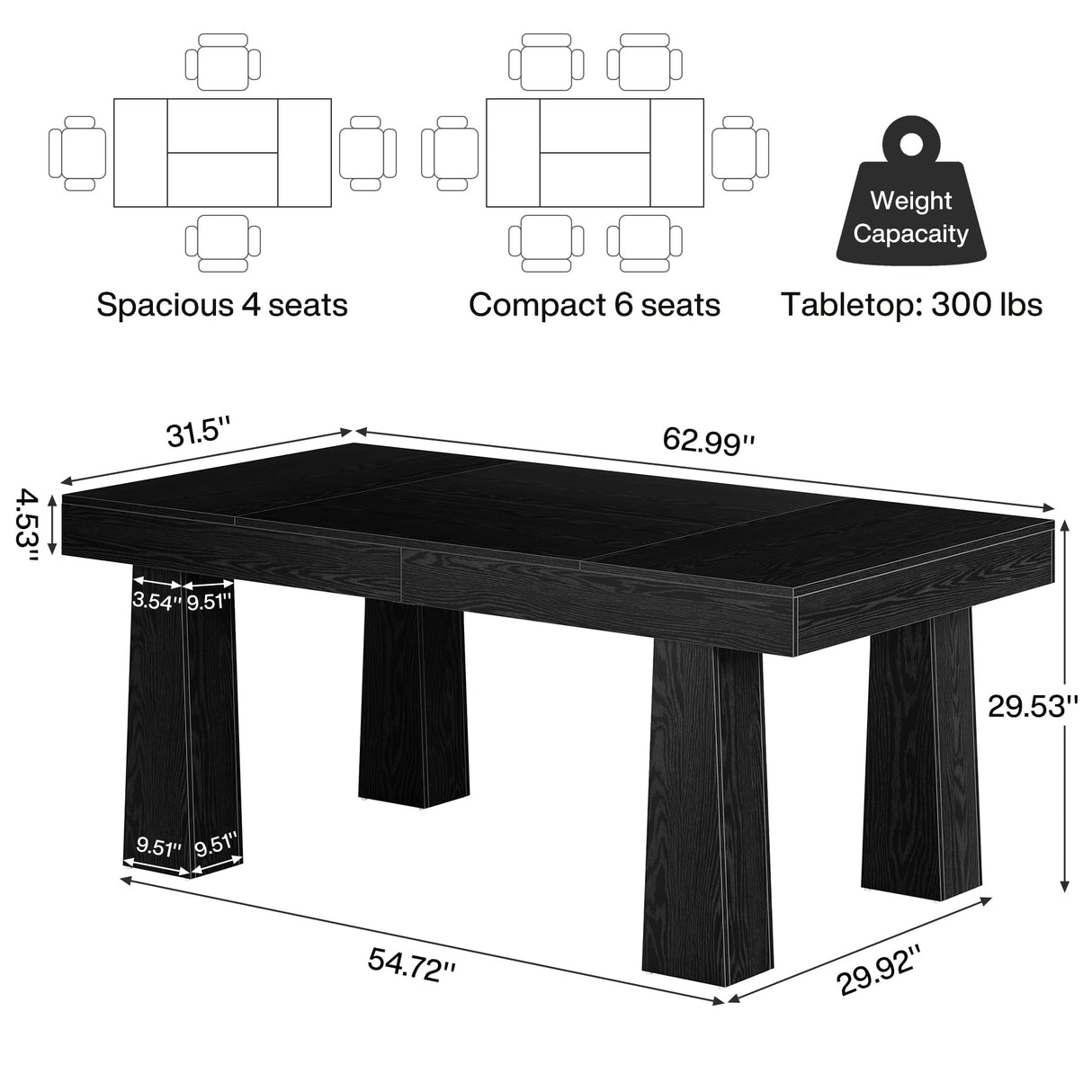 Tribesigns 5ft Conference Table, Heavy Duty Rectangular Modern Industrial Meeting Table with 4 Tapered Legs for Office, Black Workstation for Home or Business (1, Black) Tribesigns