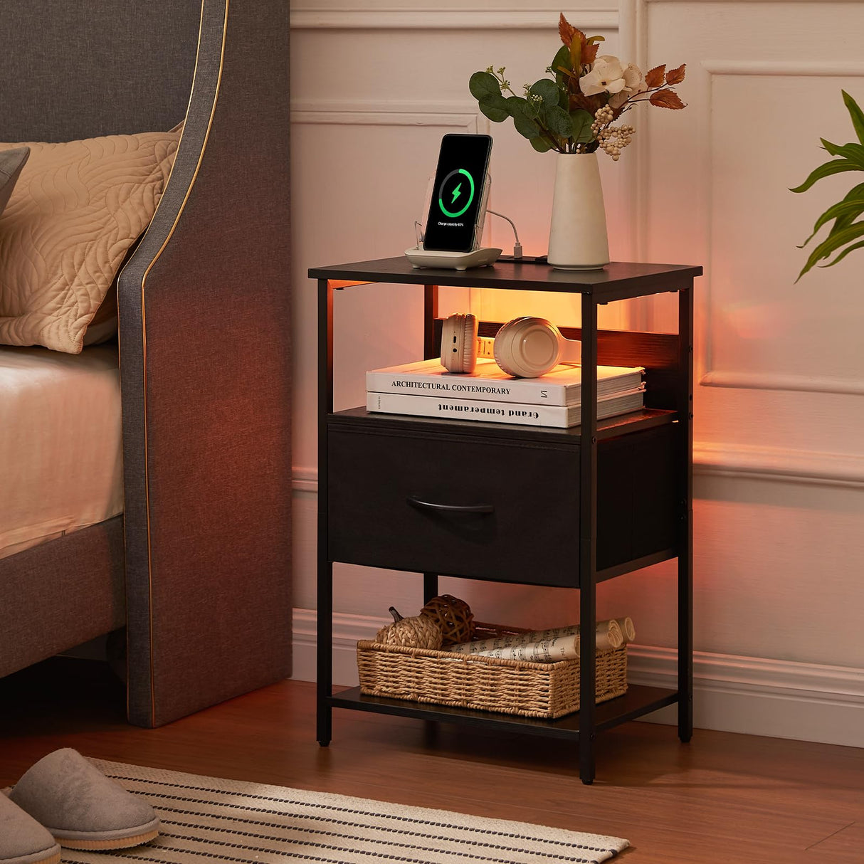 Somdot Black Nightstand with Charging Station and LED Light for Bedroom, Bedside Table End Table for Dorm Guest Room Bedside Kids Laundry Closet Entryway Hallway, Black Somdot