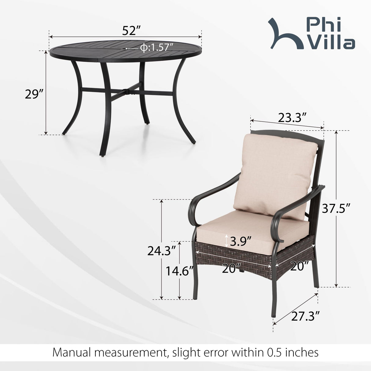 PHI VILLA 7 Pieces Patio Dining Set, Outdoor Round Table and Chairs for 6, 52" Round Dining Table with Umbrella Hole & 6 Heavy Metal Wicker Chairs with Thick Cushions PHI VILLA