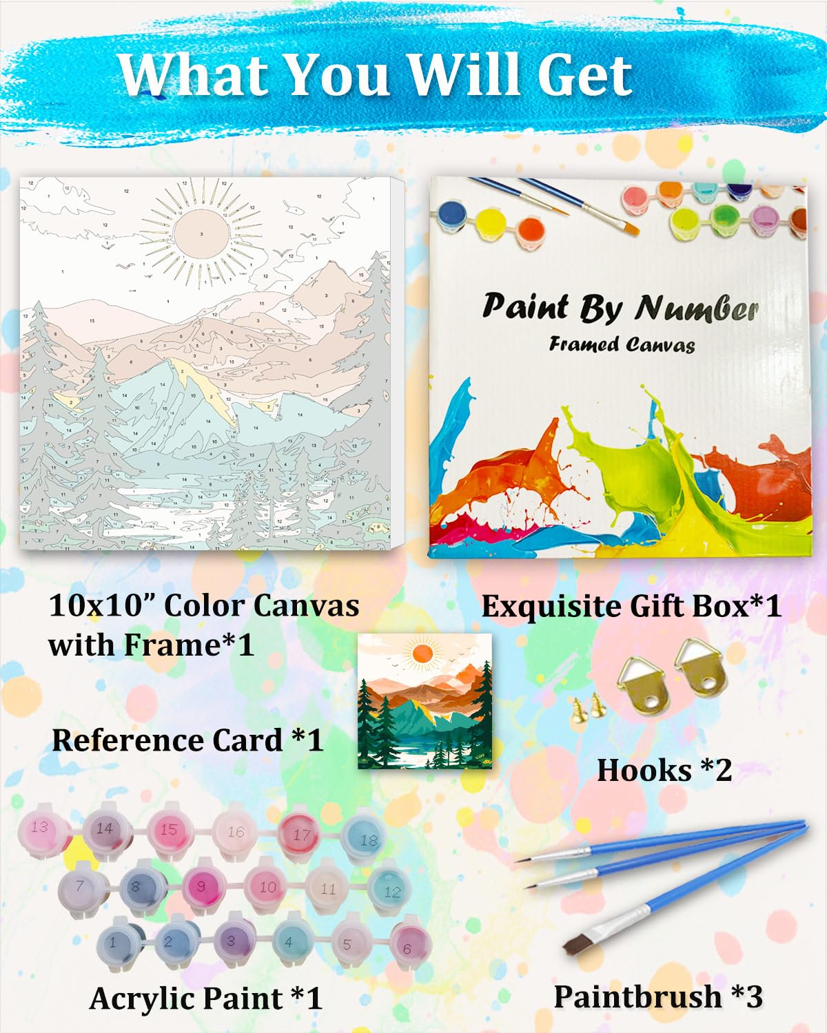 TOCARE Framed Paint by Numbers Kit for Adults Beginner, Sunset Mountains Paint by Number Framed,Easy Adult Paint by Number Kits on Canvas Framed (10x10 Inch, Without Easel) TOCARE