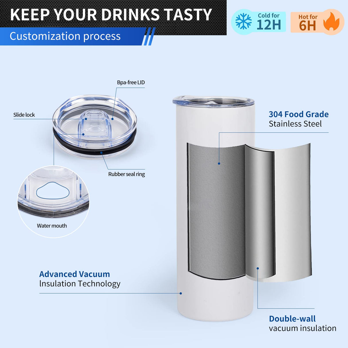 UIRZOTN 8 Pack 20 OZ Sublimation Tumbler Blanks Skinny Straight in Bulk, Stainless Steel Insulated Sublimation Tumbler with Polymer Coating for Heat Transfer, With Lid, Straw, ribbon, Gift Box UIRZOTN