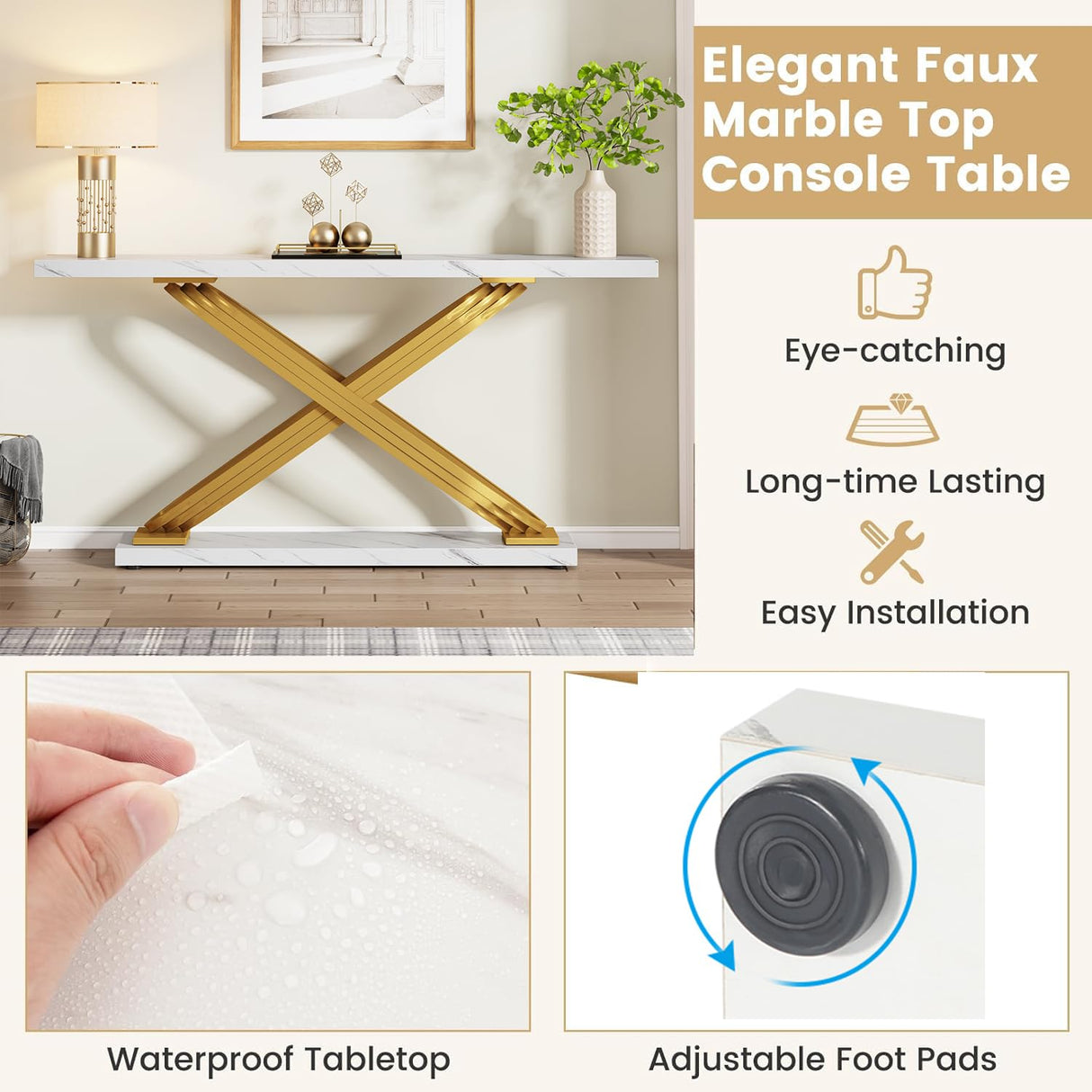 Tribesigns 55 Inch Modern Console Table, Faux Marble Gold Entryway Table Behind Sofa Couch, Narrow Rectangular Sofa Table for Living Room, Bedroom, Front Hall, Hallway, Gold & White Tribesigns