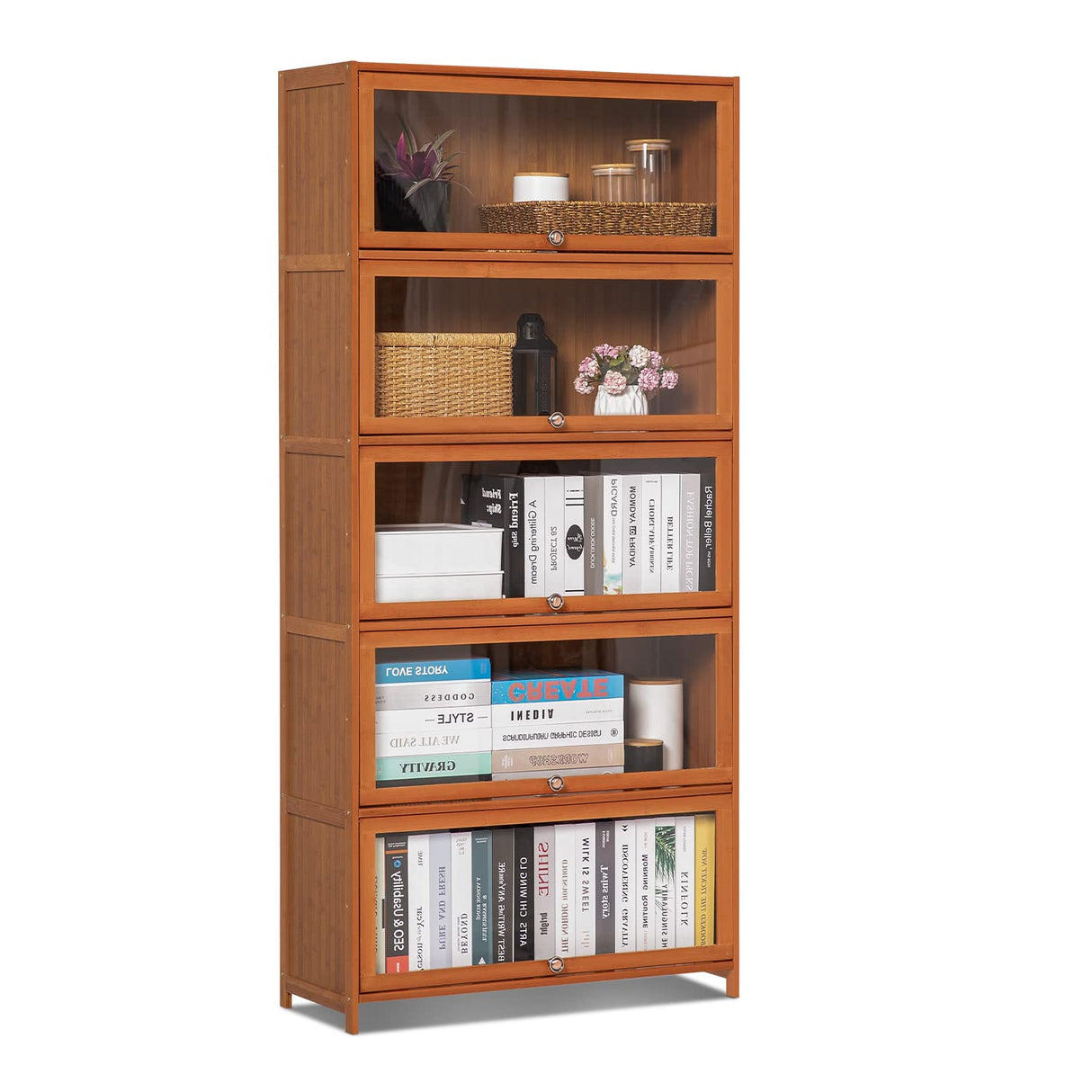 MoNiBloom Bamboo Bookcase with Acrylic Doors 5 Tier Free Standing Book Shelf Storage Organizer for Living Room Office Bedroom, Brown MoNiBloom