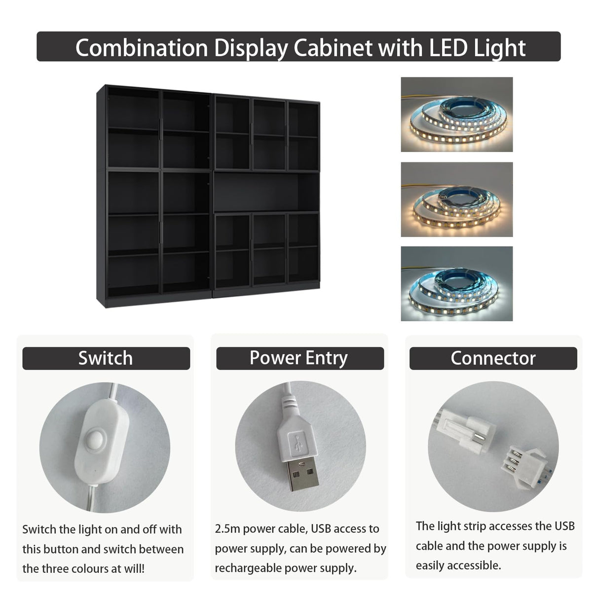 Mekminop Wood and Glass Display Cabinet, Modern Bookcase with Glass Doors, Led Light & Shelves, 78.7” W Large Combination Storage Cabinet with Handle for Home Office, Living Room, Black Mekminop