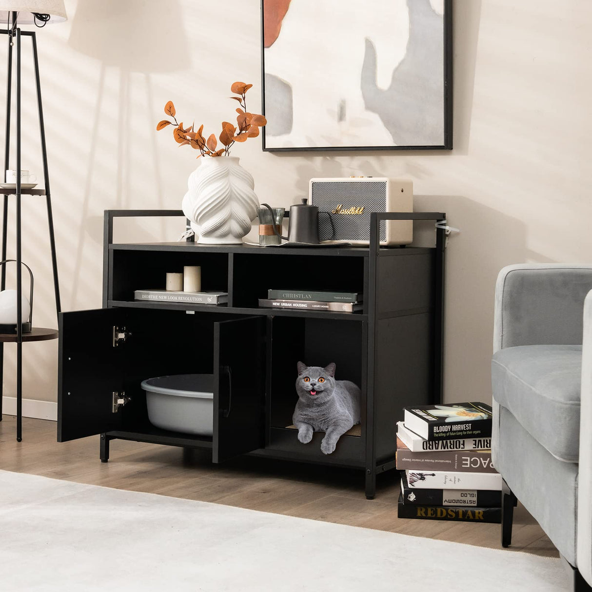 Giantex Cat Litter Box Enclosure - Cat Washroom Hidden Furniture with Front Entry, Cat Scratcher, 2-Door Storage Cabinet, 2 Compartments, Air Vents, Metal Frame, Wooden Pet Crate House (Black) Giantex