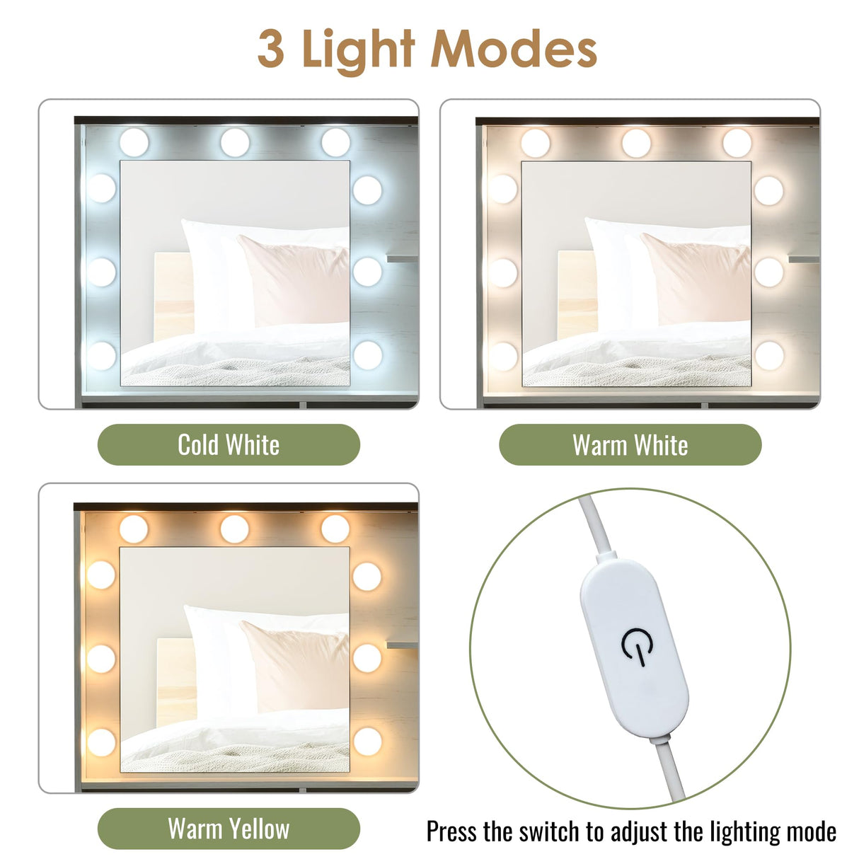 THINK 30 Farmhouse Makeup Vanity Desk with Mirror and Lights, 3 Lighting Modes, Vanity Set with Stool, Dressing Table with Adjustable Shelves,2 Drawers and Side Cabinet for Bedroom, White THINK 30