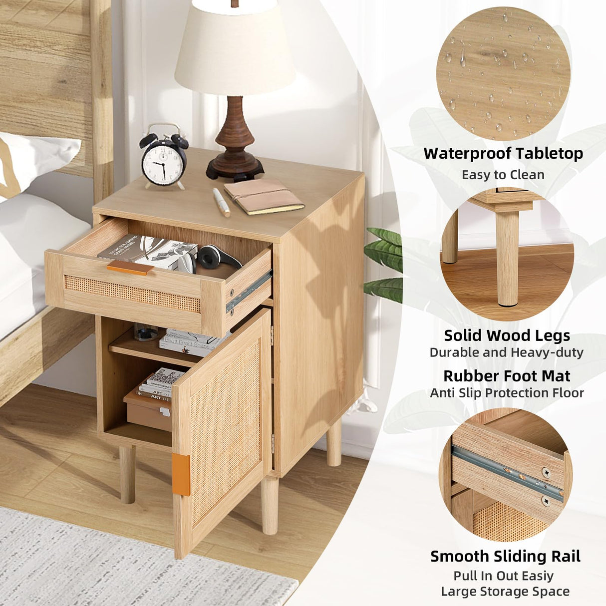 STHOUYN Nightstand Set of 2 with Drawers, Boho Night Stands Set of 2, Bed Side Tables Bedroom Set of 2, Oak Rattan Nightstand End Tables Small Space (Natural Rattan) STHOUYN