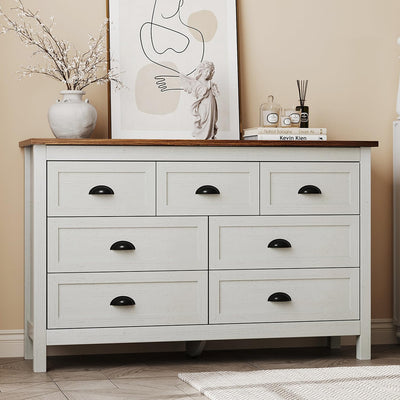 HOUROM Farmhouse White Dresser for Bedroom, Wide Wood Dressers & Chests of Drawers with Vintage Black Handle, 7 Drawer Dresser for Bedroom Hallway, Entryway, Antique White