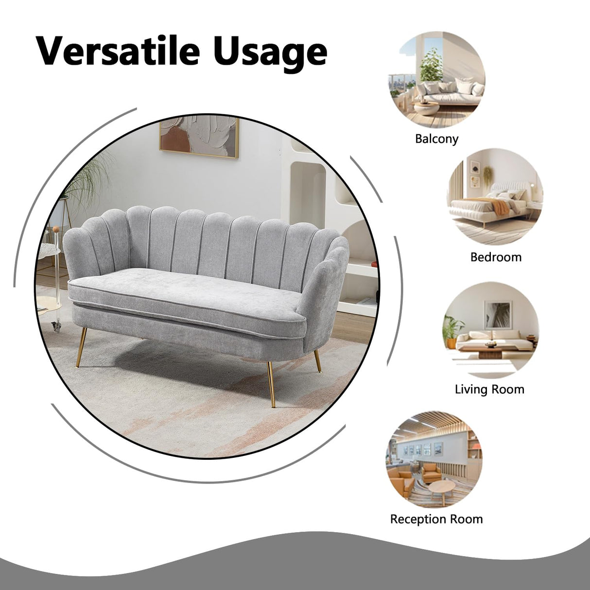 Anwick 59" Small Modern Chenille Loveseat Sofa, 2-Seater Sofa with Gold Metal Legs, Small Couch with Flower Shaped Back for Living Room Bedroom Office (Light Gray) Anwick