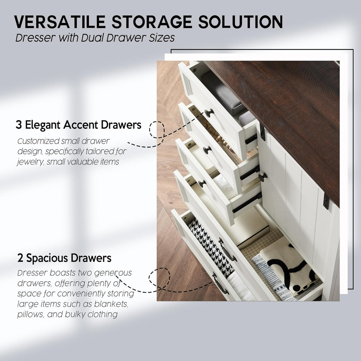 IFGET Farmhouse 5 Drawers Dresser for Bedroom, 47" Tall Chest of Drawers w/Sliding Barn Door, Rustic Wood Dressers Organizer w/Adjustable Shelves for Bedroom, Living Room, Kitchen-Antique White IFGET