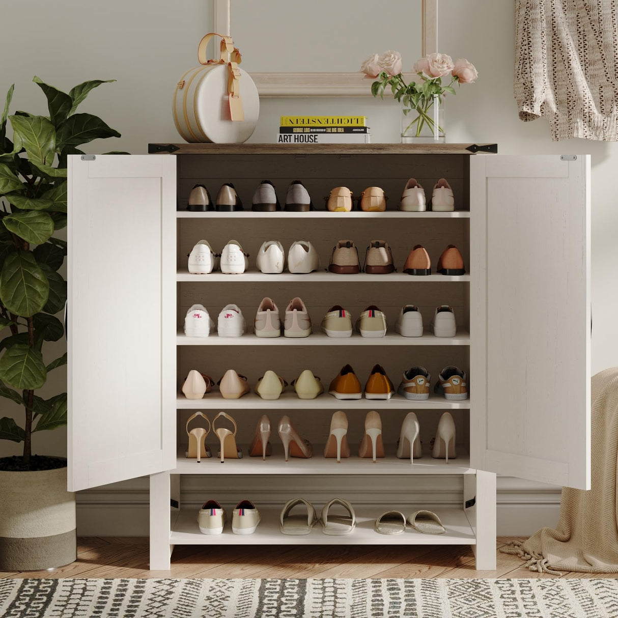 Maupvit Shoe Cabinet with Doors, 6-Tier Farmhouse Shoe Storage Cabinet with Adjustable Shelves, Shoe Shelf, Wooden Shoe Rack Organizer Cabinet for Entryway, Foyer, Hallway, Living Room, White Maupvit