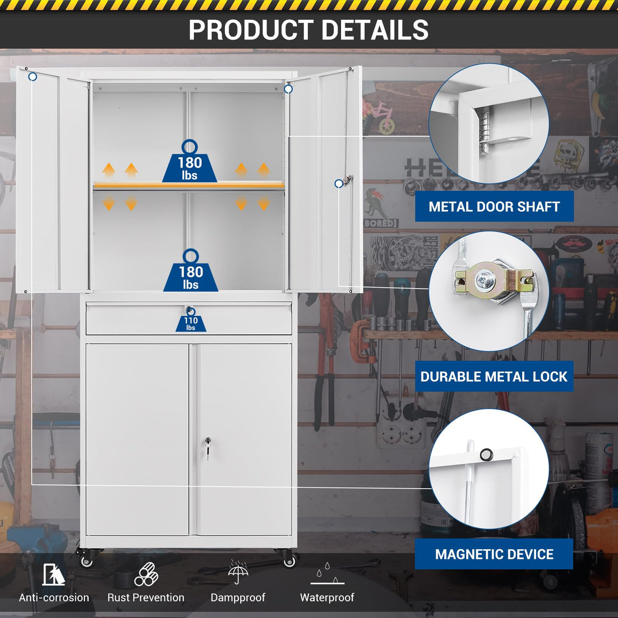 Fesbos 73" Metal Cabinet-White Heavy Duty Rolling Storage Cabinet Steel Tool Cabinets with Wheels, Shelves, Lockable Doors and Drawers- for Garage, Pantry, Warehouse Home Office- Assembly Required Fesbos