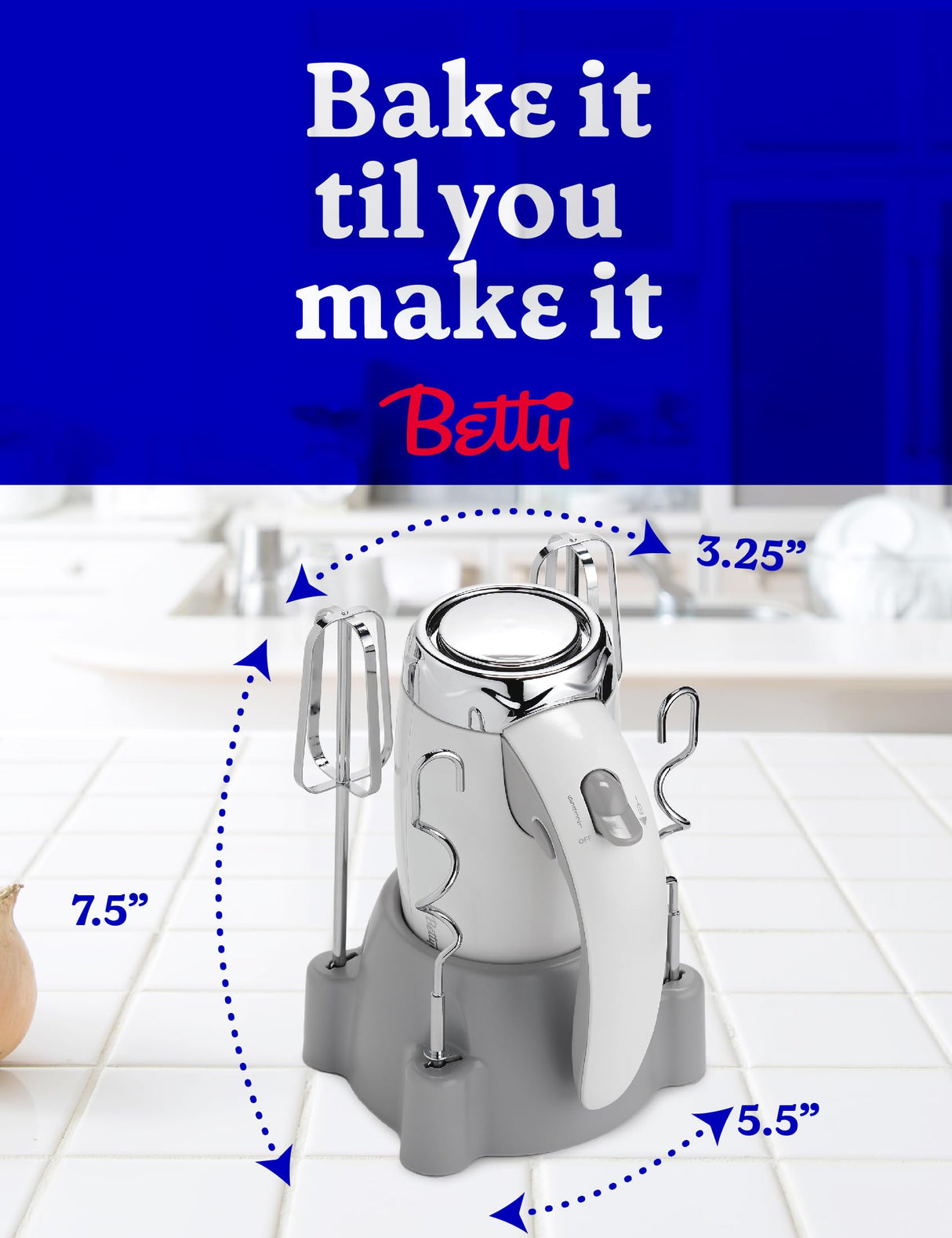 BETTY CROCKER Hand Blender 7 Speed, 250 Watt Electric Mixer with Beaters and Dough Hooks, Ergonomic Electric Hand Mixer for Home & Kitchen with Stand and Soft Touch Handle, White Betty Crocker