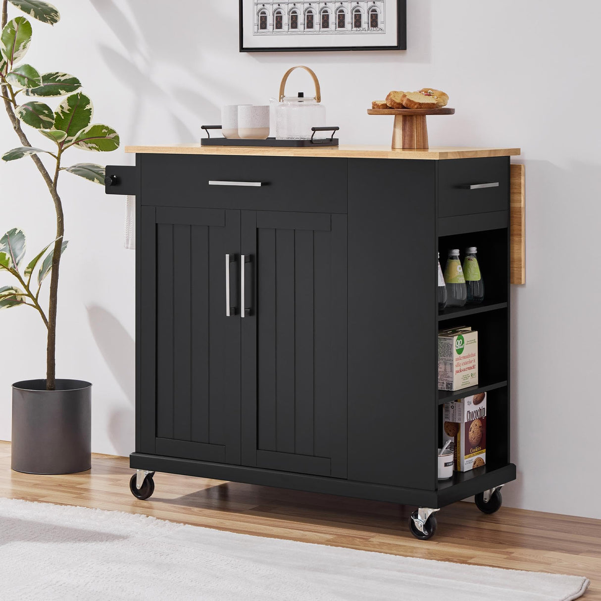 Yaheetech Rolling Kitchen Island Cart with Drop Leaf, Portable Rubberwood Breakfast Bar with Storage Cabinet, Open Shelves & Detachable Towel, 2 Drawers, Black Yaheetech