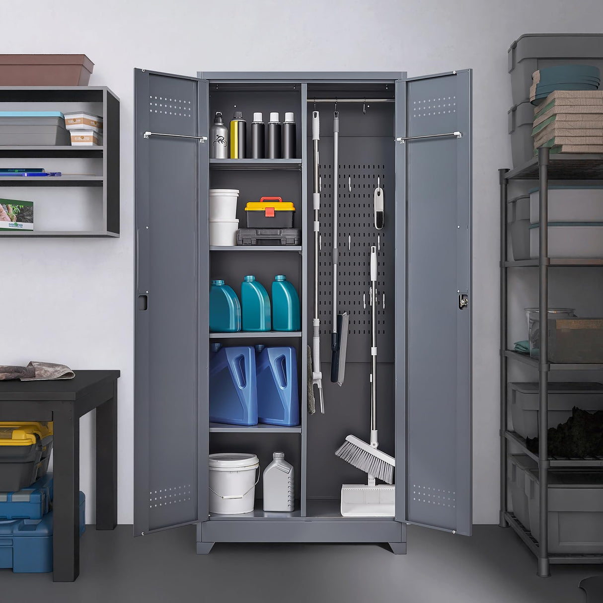 STEELIST 73" H Utility Storage Cabinet, Tall Cabinet with Doors and Shelves, File Cabinet with Pegboard, Heavy Duty Garage Storage Cabinets for Home Office, School, Basement, Gym STEELIST