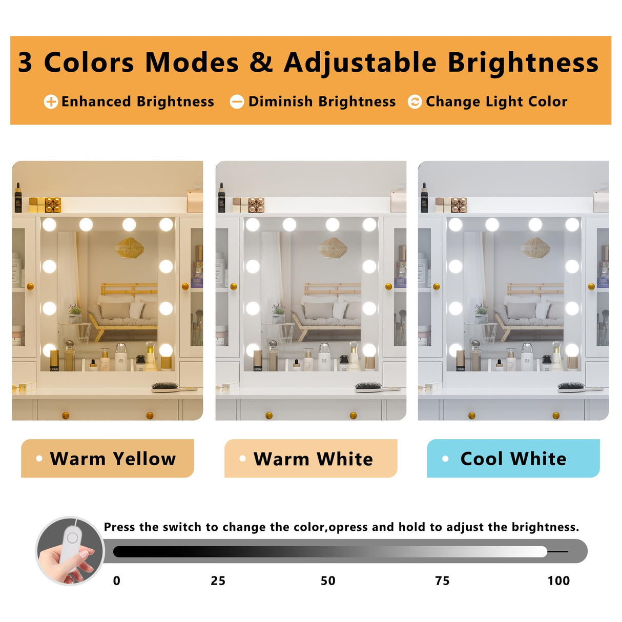 Wodeer Vanity Desk with Mirror and Lights, 43" White Makeup Vanity Set with 5 Drawers & Glass Cabinets, Storage Stool, Power Outlet & Adjustable LED Lights, Dressing Table for Women & Girls Bedroom Wodeer