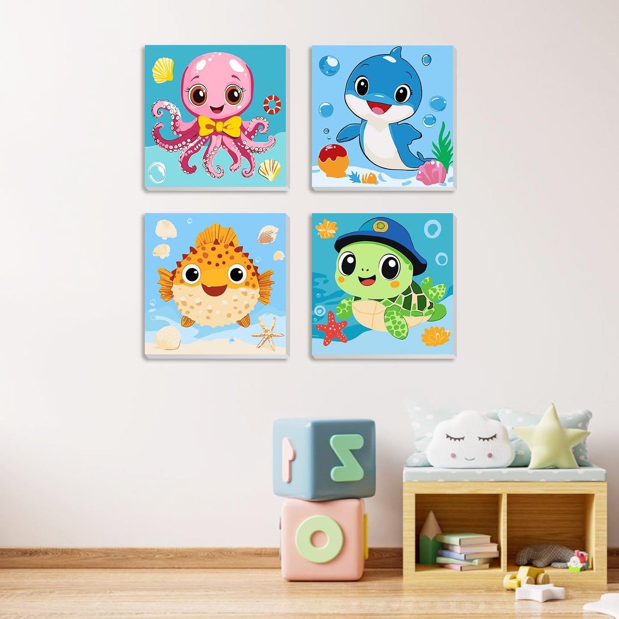 MXJSUA 4 Pack Cute Animals Paint by Numbers Kit with Framed Canvas for Ages 6-12 Kids, Turtle Paint by Numbers Kits for Children Beginners, Acrylic Oil Painting for Home Wall Decor Gift (8x8 inch) MXJSUA