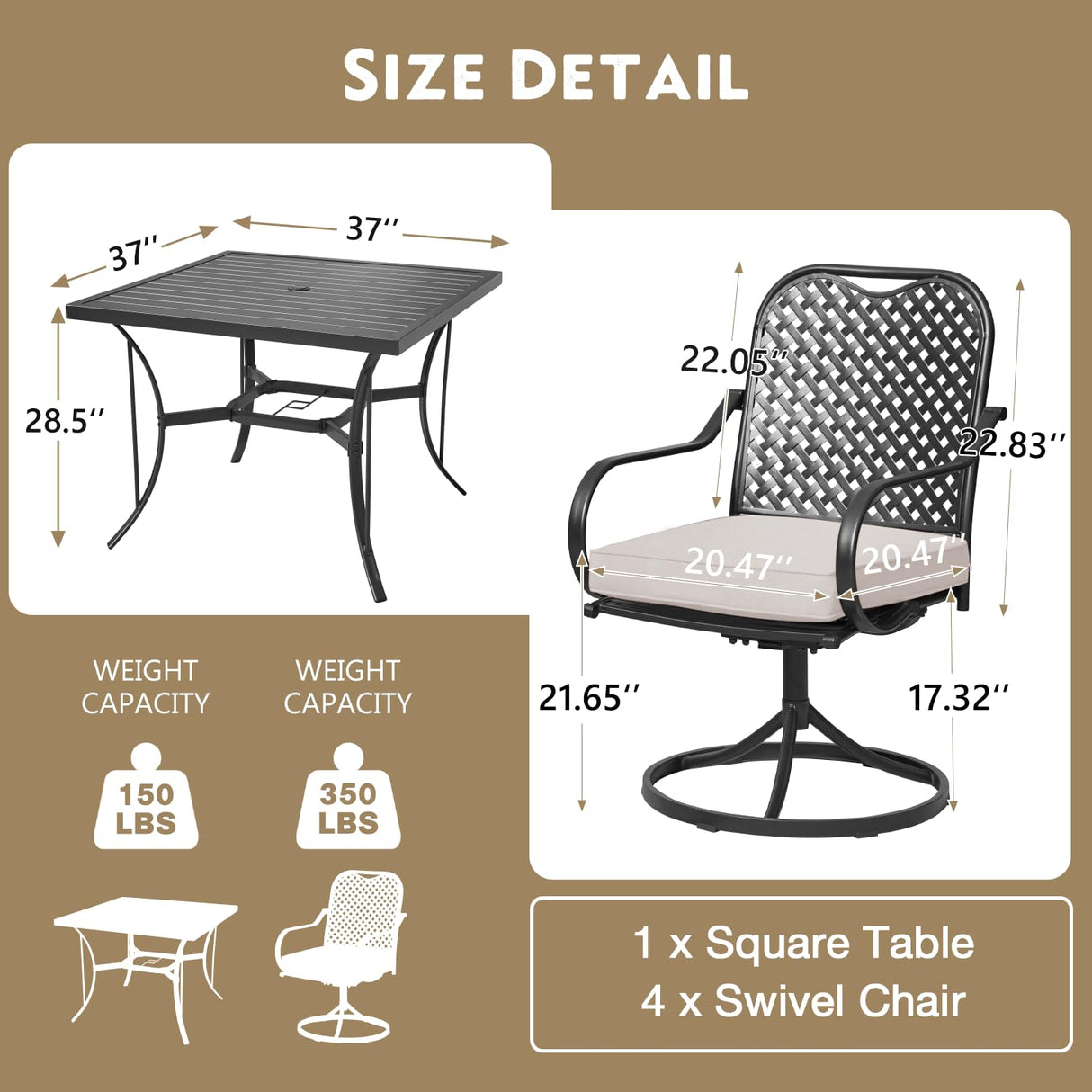 MELLCOM 5 Pcs Outdoor Dining Set, 4 Swivel Rocker Chairs with Thick Cushions & Square Dining Table with Umbrella Hole, Patio Furniture Set for Porch, Beige MELLCOM