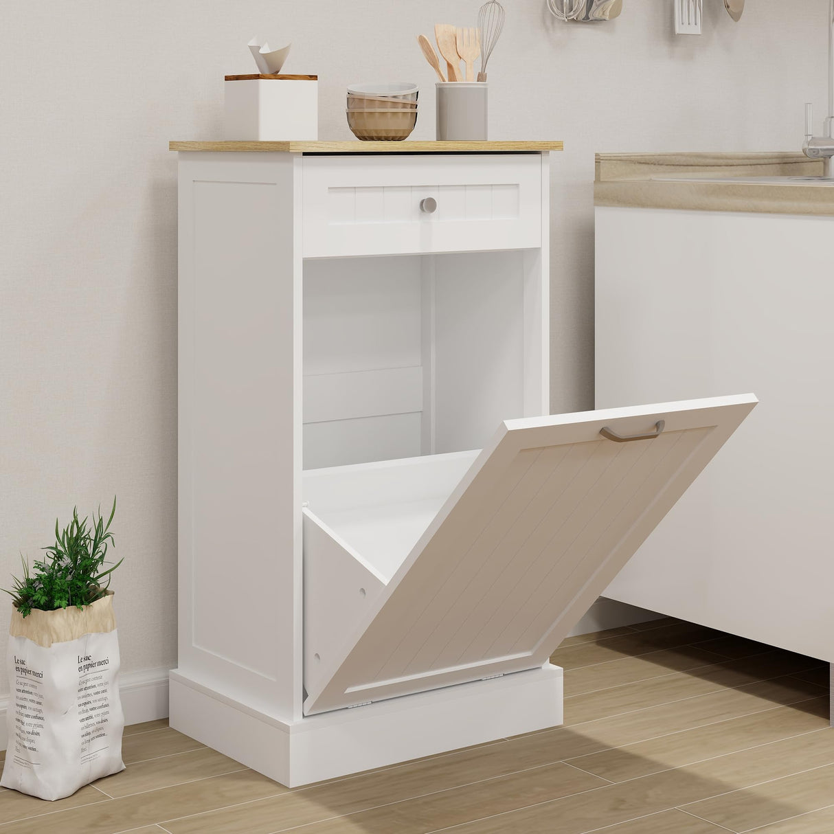 Bocarali Tilt Out Trash Cabinet, 10 Gallon Freestanding Wooden Kitchen Trash Recycling Sorter Cabinet with 2 Drawer, Tilt Out Trash Can Bin Garbage Laundry Cabinet for Living Room, White Bocarali